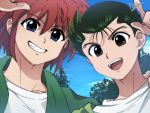  2boys black_hair blue_eyes brown_eyes collarbone face fang green_jacket jacket jin_kaze_tsukai looking_at_viewer male_focus multiple_boys open_mouth petagon redhead shirt short_hair sidelocks sky teeth upper_body urameshi_yuusuke white_shirt yuu_yuu_hakusho 