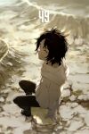  1boy amou_tsukihiko bangs black_hair black_pants day echo_(circa) from_above from_side full_body hole hood hood_down hoodie long_sleeves looking_at_viewer looking_up male_focus outdoors pants shoes short_hair sitting sneakers solo spiky_hair white_hoodie world_trigger 