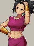  1girl abs black_hair breasts brown_eyes dragon_ball dragon_ball_super earrings grey_background hand_on_hip hand_on_own_head hand_up jewelry kefla_(dragon_ball) kemachiku large_breasts midriff navel potara_earrings short_hair simple_background solo 
