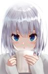  1girl blue_eyes commentary_request cup expressionless eyelashes face grey_hair hair_between_eyes highres holding holding_cup long_sleeves medium_hair open_mouth original short_hair solo sorami_sachi steam sweater upper_body white_background white_sweater 