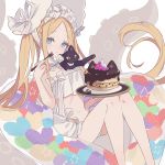  1girl abigail_williams_(fate/grand_order) abigail_williams_(swimsuit_foreigner)_(fate) bangs bare_shoulders bikini black_cat blonde_hair blue_eyes blush bonnet bow breasts cat fate/grand_order fate_(series) food forehead fork highres innertube legs long_hair looking_at_viewer macchoko multiple_bows navel pancake parted_bangs plate sidelocks sitting small_breasts swimsuit tentacles twintails very_long_hair white_background white_bikini white_bow white_headwear 