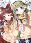  2girls absurdres bangs blue_skirt blush breasts brown_eyes brown_hair buttons coat earmuffs eyebrows_visible_through_hair fingernails frog_hair_ornament hair_ornament hair_tubes hakurei_reimu hand_up highres holding_hands index_finger_raised interlocked_fingers kochiya_sanae long_sleeves medium_breasts mochizuki_shiina multiple_girls one_eye_closed open_mouth pleated_skirt red_skirt scan scarf shiny shiny_hair shiny_skin simple_background skirt smile snake_hair_ornament snowflakes touhou upper_body winter_clothes winter_coat 