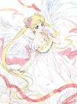  1girl angel_wings back_bow bishoujo_senshi_sailor_moon blonde_hair blue_eyes bow bracelet collarbone commentary crescent double_bun dress english_commentary facial_mark feathered_wings floating_hair flower forehead_mark hair_flower hair_ornament jewelry kaze-hime long_dress long_hair looking_at_viewer petals pink_flower pink_rose princess_serenity puffy_short_sleeves puffy_sleeves rose short_sleeves sketch skirt_hold solo tsukino_usagi twintails twitter_username very_long_hair white_dress white_wings wings 