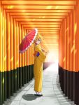  1girl ahoge backlighting bangs blonde_hair closed_mouth day from_behind full_body hair_between_eyes highres holding holding_umbrella hugtto!_precure japanese_clothes kagayaki_homare kimono long_sleeves looking_at_viewer matatabi_(karukan222) oriental_umbrella outdoors precure red_umbrella shiny shiny_hair short_hair smile solo umbrella white_legwear yellow_eyes yellow_kimono 