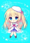  1girl :d bangs black_legwear blonde_hair blue_background blue_dress blue_eyes blush braid breasts brown_footwear chibi commentary_request copyright_request dress eyebrows_visible_through_hair floral_background hair_between_eyes hand_up happy_birthday jacket long_hair medium_breasts neckerchief open_clothes open_jacket open_mouth pleated_dress purple_neckwear ryuuka_sane shoes short_sleeves sitting smile socks solo tilted_headwear twin_braids very_long_hair white_headwear white_jacket 
