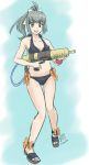  1girl bikini black_bikini blue_background breasts brown_eyes collarbone commentary_request full_body green_hair hair_ribbon highres kantai_collection kenroba_(stark_chen) long_hair looking_at_viewer medium_breasts ponytail ribbon solo super_soaker swimsuit water_gun white_ribbon yuubari_(kantai_collection) 