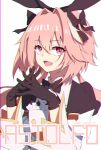  1boy animal_ears astolfo_(fate) astolfo_(saber)_(fate) bangs black_bow black_gloves black_ribbon bow bowtie bunny_hair_ornament chromatic_aberration copyright_name dress fate/grand_order fate_(series) gloves hair_bow hair_intakes hair_ornament hair_ribbon happy highres long_sleeves looking_at_viewer low_twintails male_focus medium_hair multicolored_hair open_mouth otoko_no_ko pink_hair rabbit_ears ribbon simple_background smile solo streaked_hair tanako_(645316096) twintails violet_eyes white_background 