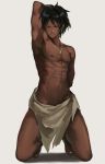  1boy arknights arm_behind_back arm_up black_hair brown_eyes dark_skin dark_skinned_male fundoshi highres japanese_clothes jewelry kneeling male_focus navel necklace pic_(pcsama) shirtless simple_background solo thorns_(arknights) white_background 