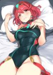 1girl 92m bangs bare_shoulders black_swimsuit blush breasts chest_jewel covered_navel earrings gem highleg highleg_swimsuit highres pyra_(xenoblade) jewelry large_breasts looking_at_viewer lying on_back on_bed one-piece_swimsuit pillow red_swimsuit redhead short_hair smile swept_bangs swimsuit thighs tiara two-tone_swimsuit xenoblade_(series) xenoblade_2 