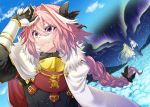  1boy armor astolfo_(fate) black_bow bow braid cloak dress fang fate/apocrypha fate/grand_order fate_(series) flower fur-trimmed_cloak fur_trim gauntlets gorget hair_bow hair_intakes haoro happy highres long_braid long_hair long_sleeves male_focus multicolored_hair otoko_no_ko pink_hair puffy_sleeves single_braid sky smile solo_focus streaked_hair violet_eyes white_cloak 