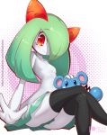  1girl 1other artist_name azurill black_legwear blue_eyes blush breasts covered_navel crossed_legs dress english_commentary eyebrows_visible_through_hair feet_out_of_frame gen_3_pokemon green_hair hair_over_one_eye kirlia long_hair looking_at_viewer patreon_logo patreon_username pokemon red_eyes rilex_lenov simple_background sitting small_breasts smile thigh-highs white_dress 