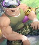  1boy absurdres alvedo_vhiich animal_ears armband bara chest chest_hair cow_boy cow_ears cow_horns facial_hair furry highres horns male_focus manly military military_uniform muscle pectorals purple_horns shennong_(tokyo_afterschool_summoners) simple_background solo tank_top tokyo_houkago_summoners uniform upper_body violet_eyes white_hair 