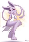  1girl animal_ears animal_nose bare_shoulders breasts closed_mouth clothing_request english_text espeon eyelashes forked_tail full_body furry gen_2_pokemon looking_at_viewer medium_breasts medium_hair original patreon_logo patreon_username pokemon purple_fur purple_hair purple_sclera rilex_lenov simple_background solo tail violet_eyes watermark web_address white_background 