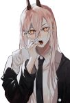  1girl 3o_c black_jacket black_neckwear chainsaw_man demon_horns eyebrows_visible_through_hair fangs finger_to_mouth highres horns jacket jacket_on_shoulders long_hair looking_at_viewer necktie pink_hair power_(chainsaw_man) red_eyes scope shirt solo white_shirt 