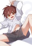  1boy absurdres artist_name blush brown_eyes brown_hair dated eyebrows_visible_through_hair hair_between_eyes highres koe_(mixpi) looking_at_viewer lying male_focus midriff midriff_peek navel on_back on_ground original shorts signature simple_background sweatdrop white_background 