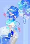  1girl :d animal_ears asymmetrical_legwear blue_eyes blue_gloves blue_hair blue_jacket blue_legwear blue_skirt cure_gelato gloves hair_intakes hand_on_hip highres jacket kirakira_precure_a_la_mode layered_skirt lion_ears lion_girl lion_tail long_hair looking_at_viewer magical_girl miniskirt open_mouth precure short_sleeves skirt smile solo strawberrylove2525 tail thigh-highs very_long_hair white_skirt 