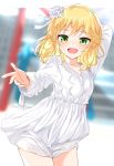  1girl :d arm_up bangs blonde_hair blurry blurry_background blush cowboy_shot eyebrows_visible_through_hair flower green_eyes hair_flower hair_ornament highres idolmaster idolmaster_cinderella_girls long_sleeves looking_at_viewer open_mouth sakurai_momoka shengtian short_hair smile solo white_flower 