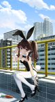  1girl animal_ears black_footwear black_hair black_leotard black_neckwear blue_eyes blue_sky bow bowtie building bunny_tail bunnysuit carrot cityscape clouds commentary day detached_collar high_heels highres leotard long_hair looking_at_viewer luicent original outdoors pantyhose rabbit_ears railing sitting sky solo strapless strapless_leotard tail white_legwear wrist_cuffs 