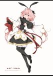  1boy animal_ears armor armored_dress astolfo_(fate) astolfo_(saber)_(fate) bangs black_bow black_footwear black_gloves black_legwear black_ribbon blush bow bowtie bunny_hair_ornament dress fate/grand_order fate_(series) full_body gloves hair_bow hair_intakes hair_ornament hair_ribbon happy haruyuki_(yukichasoba) highres long_hair long_sleeves looking_at_viewer low_twintails male_focus multicolored_hair open_mouth otoko_no_ko pink_hair rabbit_ears ribbon simple_background smile solo streaked_hair sword thigh-highs twintails violet_eyes weapon white_background 