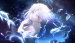  1girl breasts chromatic_aberration commentary english_commentary finger_to_cheek fish from_side halo highres kaze-hime long_hair looking_at_viewer looking_back nude original parted_lips qinni_(artist) sky solo star_(sky) starry_sky tears upper_body violet_eyes water_drop white_hair 