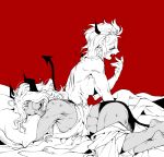  bed bed_sheet bite_mark black_horns breasts dark_skin demon_girl demon_horns demon_tail helltaker hickey horns isal judgement_(helltaker) justice_(helltaker) long_hair multiple_girls open_mouth pillow red_background scar short_hair sleeping tail tank_top toned waking_up white_hair yawning 