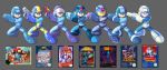  adapted_costume arm_cannon blue_sky box_art clenched_teeth energy_gun gloves grey_background gun helmet highres looking_at_viewer multiple_persona pose ray_gun rockman rockman_(character) rockman_(classic) rockman_1 rockman_10 rockman_2 rockman_9 sky teeth ultimatemaverickx visor weapon 