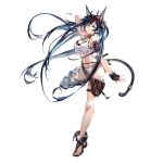    1girl animal_ears arknights arm_up armpits bare_shoulders bikini black_bikini black_gloves black_hair blaze_(arknights) blue_eyes blue_hair breasts cat_ears cat_girl cat_tail choker fingerless_gloves floating_hair full_body gloves groin hairband jewelry large_breasts leg_belt leg_up long_hair looking_at_viewer mismatched_bikini navel necklace official_art pouch sandals shirt sleeveless sleeveless_shirt smile solo stomach swimsuit tail thighs torn_clothes torn_shirt transparent_background very_long_hair white_bikini white_shirt yui_(niikyouzou) 