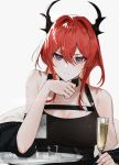 1girl 3o_c arknights bangs bare_shoulders black_choker blush champagne_flute choker commentary cup drinking_glass grey_background hair_between_eyes hair_intakes hand_up highres holding holding_cup horns long_hair looking_at_viewer off_shoulder redhead simple_background solo surtr_(arknights) symbol_commentary upper_body violet_eyes