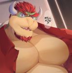  1boy alvedo_vhiich bara bowser chest close-up come_hither english_text facial_hair furry glasses highres horns male_focus manly super_mario_bros. muscle nipples pectorals redhead short_hair smile solo teeth undressing upper_body 
