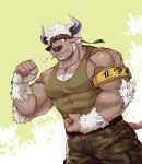  1boy animal_ears bara chest chest_hair cow_boy cow_ears cow_horns facial_hair flexing furry horns luwei male_focus manly muscle pectorals pose purple_horns shennong_(tokyo_afterschool_summoners) simple_background solo tokyo_houkago_summoners upper_body violet_eyes white_hair 