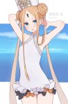  1girl abigail_williams_(fate/grand_order) abigail_williams_(swimsuit_foreigner)_(fate) armpits arms_behind_head arms_up bangs bare_shoulders black_bow blonde_hair blue_eyes blue_sky blush bow braid braided_bun breasts double_bun dress_swimsuit fate/grand_order fate_(series) forehead keyhole kopaka_(karda_nui) long_hair looking_at_viewer mitre multiple_bows ocean open_mouth orange_bow parted_bangs polka_dot polka_dot_bow sidelocks sky small_breasts swimsuit twintails very_long_hair white_headwear white_swimsuit 