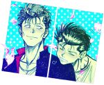  2boys closed_eyes collarbone head_rest jungyun99 kuwabara_kazuma leaf looking_at_another male_focus messy_hair multiple_boys short_hair upper_body urameshi_yuusuke yuu_yuu_hakusho 