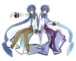 2boys belt blue_eyes blue_hair blue_nails blue_shirt boots brown_pants coat dual_persona grin hand_on_hand headset invisible_chair kaito kaito_(vocaloid3) knee_boots looking_at_viewer male_focus multiple_boys nail_polish one_eye_closed outstretched_arm pants purple_pants shirt sitting smile vocaloid waving white_background white_coat yoshiki zipper 