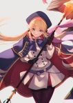  1girl absurdres artoria_pendragon_(all) artoria_pendragon_(caster) belt belt_buckle buckle commentary_request cowboy_shot eyebrows_visible_through_hair fate/grand_order fate_(series) gloves hair_between_eyes hat highres holding holding_staff long_hair long_sleeves looking_at_viewer marei_(mercy) pantyhose skirt solo staff standing twintails 
