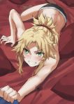  1girl bangs bare_shoulders black_panties blonde_hair blush braid breasts clenched_teeth fate/apocrypha fate_(series) french_braid green_eyes hair_ornament hair_scrunchie highres long_hair looking_at_viewer mordred_(fate) mordred_(fate)_(all) panties parted_bangs ponytail red_scrunchie scrunchie sidelocks small_breasts teeth tonee underwear 