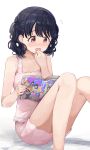  1girl bangs bare_arms bare_legs bare_shoulders black_hair commentary_request fangs flying_sweatdrops fukumaru_koito hand_to_own_mouth highres hiroki_(yyqw7151) idolmaster idolmaster_shiny_colors knees_up magazine medium_hair reading short_shorts shorts sitting skin_fangs solo tank_top twintails violet_eyes white_background 