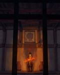  1boy avatar:_the_last_airbender avatar_(series) black_hair burn_scar dark_room devin_elle_kurtz element_bending fire highres pillar portrait_(object) scar shadow short_hair solo standing vase zuko 