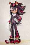  1boy animal_ears artist_name black_hair blush closed_mouth commentary english_commentary full_body furry gloves hand_on_hip heart highres light_blush looking_at_viewer male_focus multicolored_footwear multicolored_hair red_eyes redhead shadow_the_hedgehog shoes sideways_mouth signature simple_background solo sonic_the_hedgehog spacecolonie standing tail traditional_media two-tone_hair white_background white_gloves 