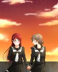  2girls arm_behind_back black_sailor_collar black_serafuku black_shirt black_skirt blue_eyes brown_hair collarbone collared_shirt couple evening floating_hair gradient_sky hair_ornament hairclip highres holding_hands long_hair long_sleeves looking_at_another love_live! love_live!_sunshine!! miniskirt multiple_girls outdoors pleated_skirt profile redhead sailor_collar sailor_shirt sakurauchi_riko school_uniform serafuku shiny shiny_hair shirt short_hair skirt sky standing very_long_hair watanabe_you white_neckwear yellow_eyes yuchi_(salmon-1000) yuri 