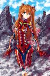  1girl adapted_costume ahoge bangs blue_eyes bodysuit breasts clouds commentary eyebrows_visible_through_hair hair_between_eyes long_hair looking_at_viewer metal neon_genesis_evangelion orange_hair plugsuit rebuild_of_evangelion red_bodysuit rock shikinami_asuka_langley sky small_breasts solo souryuu_asuka_langley standing steam two_side_up yamayoshi 