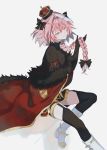  1boy armor armored_dress astolfo_(fate) black_bow black_dress black_legwear boots bow braid cloak closed_mouth dress fate/apocrypha fate/grand_order fate_(series) full_body fur-trimmed_cloak fur_trim hair_bow hair_intakes light_smile long_braid long_hair long_sleeves looking_to_the_side male_focus multicolored_hair otoko_no_ko pink_eyes pink_hair simple_background single_braid sitting smile solo streaked_hair thigh-highs white_background white_cloak white_footwear yuno_tsuitta 