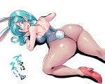 1girl animal_ears ass bare_shoulders blue_eyes blue_hair blush breasts bulma bunny_girl bunny_tail bunnysuit dragon_ball dragon_ball_(classic) fake_animal_ears leotard long_hair looking_at_viewer open_mouth pantyhose rabbit_ears sideboob simple_background solo tail tukiwani white_background wrist_cuffs 