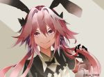  1boy animal_ears artist_name astolfo_(fate) astolfo_(saber)_(fate) bangs black_bow black_gloves black_ribbon bow bowtie bunny_hair_ornament closed_mouth fate/grand_order fate_(series) gloves hair_between_eyes hair_bow hair_intakes hair_ornament hair_ribbon happy kuu_1999 long_hair long_sleeves looking_at_viewer low_twintails male_focus multicolored_hair otoko_no_ko pink_hair rabbit_ears ribbon simple_background smile solo streaked_hair thigh-highs tongue tongue_out twintails twitter_username upper_body violet_eyes 