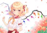  1girl bangs blonde_hair bow collared_shirt eyebrows_visible_through_hair flandre_scarlet floating_hair groin hair_between_eyes long_hair midriff miyakoto navel parted_lips petals pleated_skirt red_bow red_eyes red_sailor_collar red_scrunchie red_skirt sailor_collar sailor_shirt scrunchie shiny shiny_hair shirt short_sleeves side_ponytail skirt solo standing stomach touhou white_background white_shirt wings yellow_neckwear 
