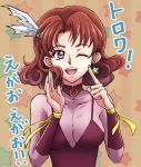  1girl breasts catherine_bloom earrings feathers gundam gundam_wing hair_feathers jewelry looking_at_viewer medium_breasts mitsucho open_mouth redhead ribbon short_hair solo star_(symbol) star_earrings teeth upper_body wavy_hair yellow_ribbon 