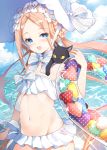  1girl abigail_williams_(fate/grand_order) abigail_williams_(swimsuit_foreigner)_(fate) bangs bare_shoulders bikini black_cat blonde_hair blue_eyes blue_sky blush bonnet bow braid breasts cat fate/grand_order fate_(series) forehead hair_rings highres innertube long_hair looking_at_viewer mizuno_tera multiple_bows navel ocean open_mouth parted_bangs sidelocks sky smile sparkle swimsuit twin_braids twintails very_long_hair wading white_bikini white_bow white_headwear 