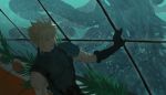  1boy animal armor black_gloves blonde_hair closed_mouth cloud_strife dutch_angle final_fantasy final_fantasy_vii glass gloves green_eyes hair_between_eyes iohmzgd male_focus pauldrons plant potted_plant shoulder_armor single_pauldron sketch smile tentacles water 