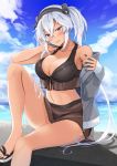  1girl absurdres bikini black_bikini black_nails blush breasts clouds cloudy_sky collarbone cosplay day eyebrows_visible_through_hair fingernails glasses grey_jacket hair_between_eyes highres huge_filesize jacket kantai_collection large_breasts long_hair long_sleeves musashi_(kantai_collection) nail_polish ocean open_clothes open_jacket open_mouth red_eyes sandals silver_hair sky solo suzutsuki_(kantai_collection) suzutsuki_(kantai_collection)_(cosplay) swimsuit toenail_polish toenails two_side_up water yunamaro 