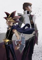  2boys aoki_(fumomo) black_pants black_shirt blonde_hair blue_eyes blue_pants brown_hair closed_mouth collar collarbone duel_disk grey_background kaiba_seto long_hair male_focus millennium_puzzle multicolored_hair multiple_boys mutou_yuugi pants profile red_eyes shirt yuu-gi-ou yuu-gi-ou_duel_monsters 