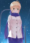  1girl artoria_pendragon_(all) blonde_hair blue_bow blue_scarf blue_skirt blush bow chakku_illust coat fate/grand_order fate/stay_night fate_(series) green_eyes hair_bow highres lamppost looking_at_viewer night night_sky outdoors power_lines saber scarf skirt sky smile snowing solo 